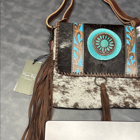 Myra Bag Brown and Turquoise Crossbody with Fringe - Picture 3 of 6